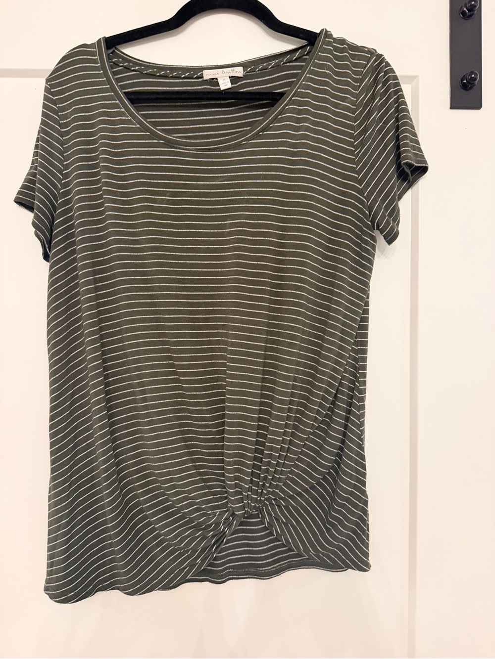nine britton Olive Green Striped Front-Twist Short Sleeve Tee